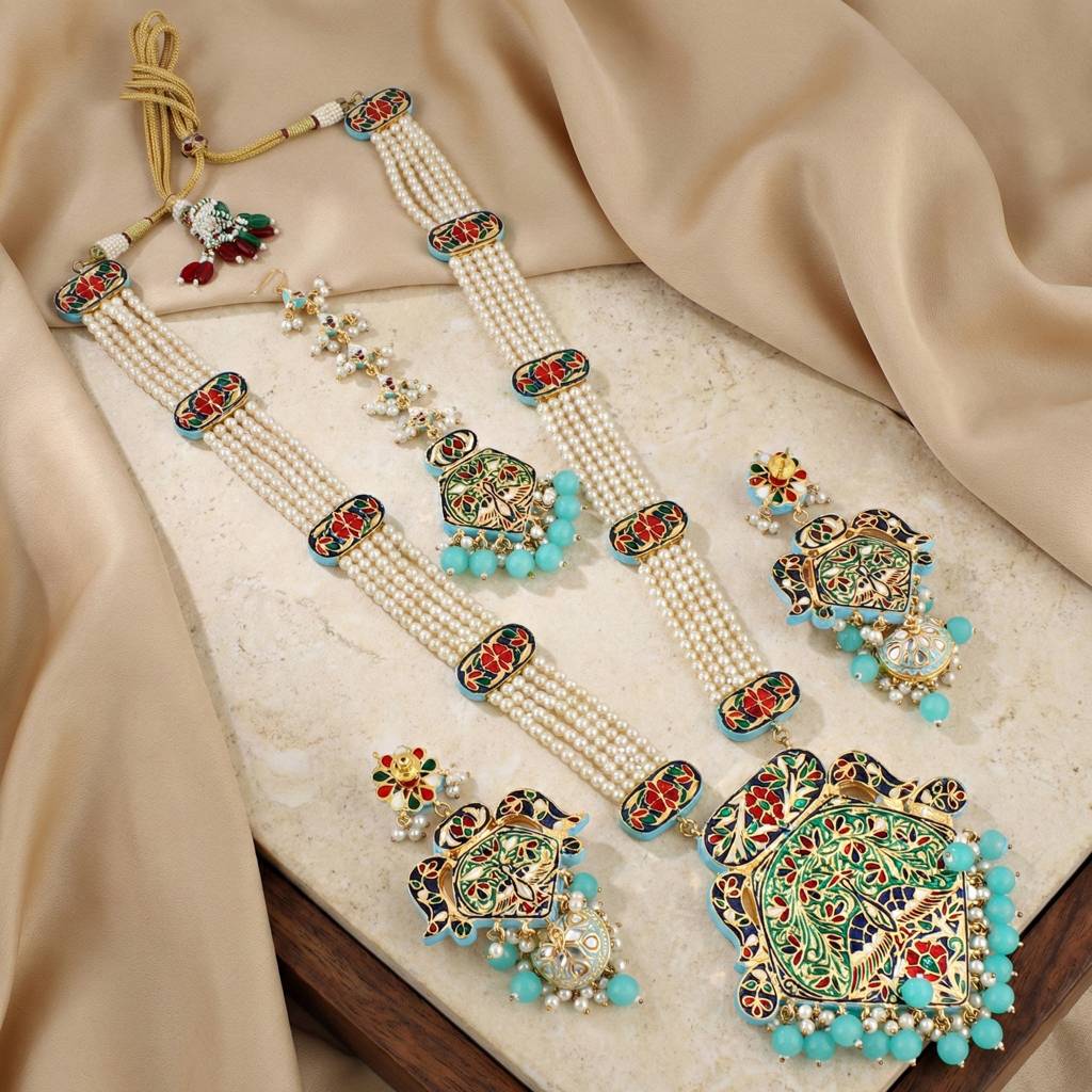 Traditional Turquoise Long Necklace Set For Women |Gold Plated Meenakari Bridal Jewellery Set With Earrings : 2970-J5SK-2300-F