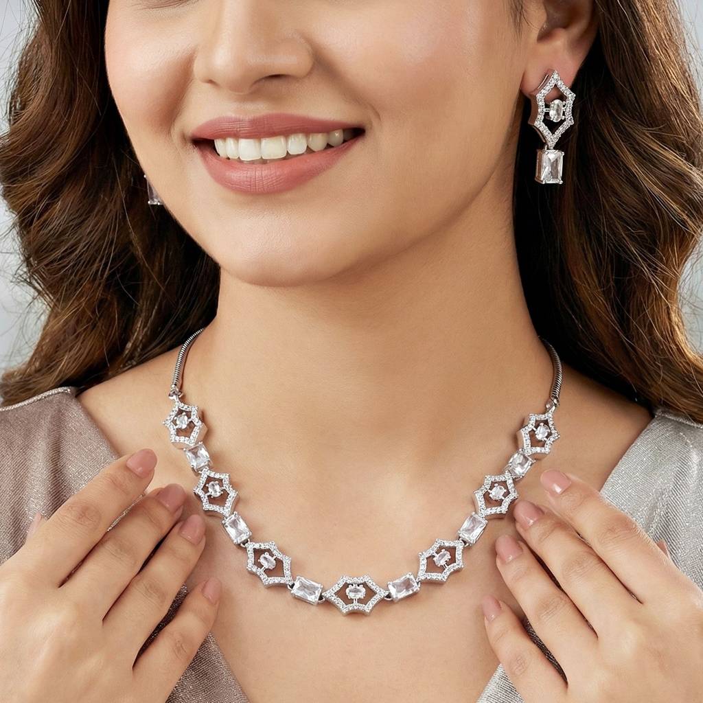 Silver-Tone American Diamond Necklace Set With Earrings For Women – Office, Party & Wedding Wear : 628-K4SA-2240-W-S