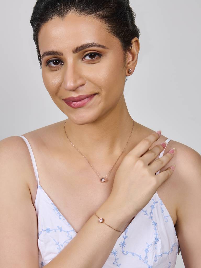 Set Of 3 Rose Gold-Plated Single Zircon Pendant, Bracelet, Earrings Jewelry Set : AYW0122BPE022C