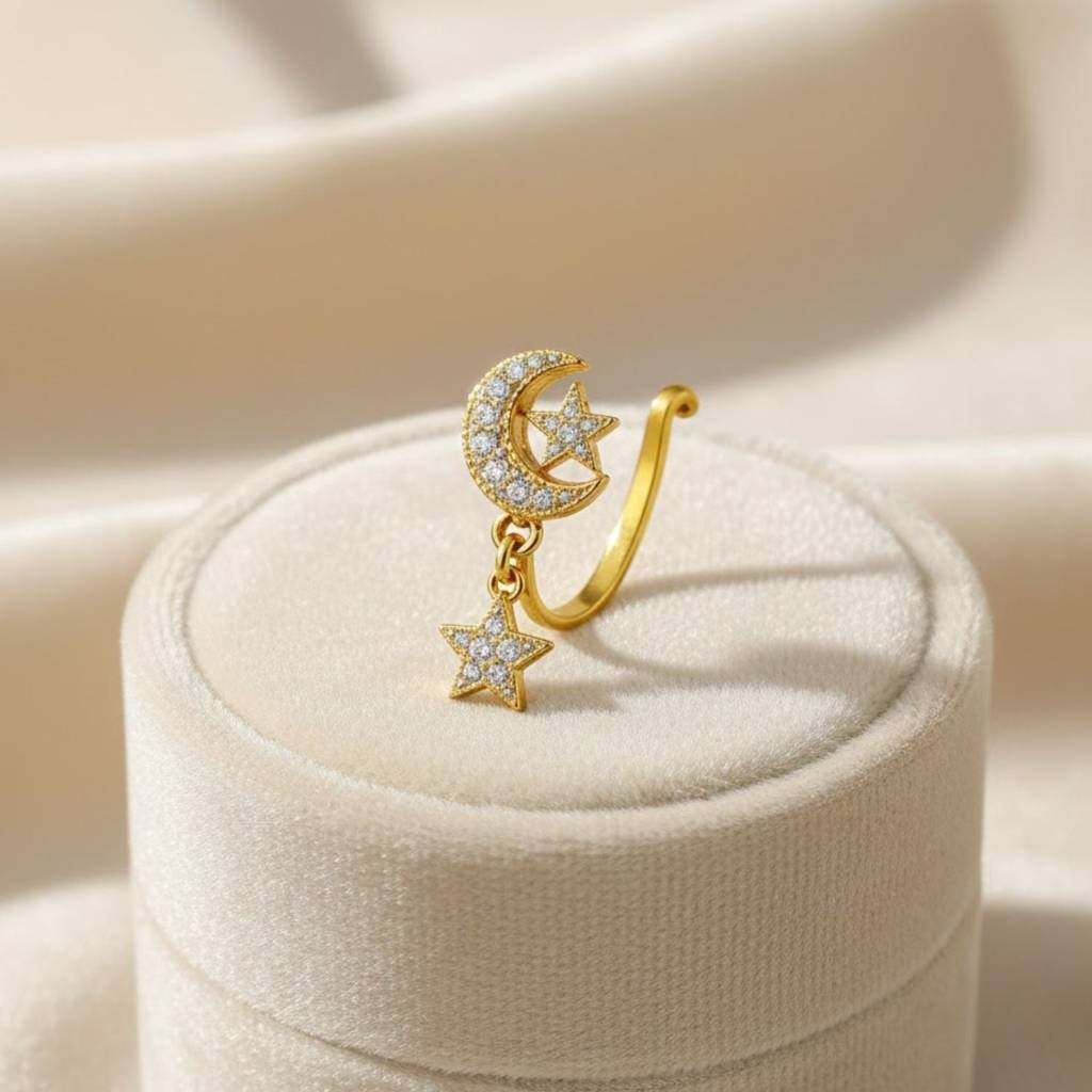 Cz Dangle Moon & Star Clip-On Nose Pin 925 Sterling Silver Yellow Plated : CNP-0007