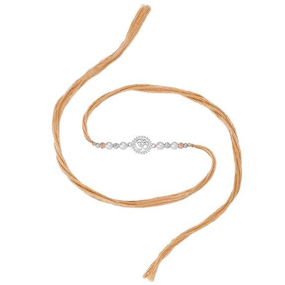 Mens 925 Sterling Silver Om & Beads Studded Rakhi For Brother Bhaiya|Cream Thread|Raksha Bandhan Hamper With Roli Ch : R18S01S