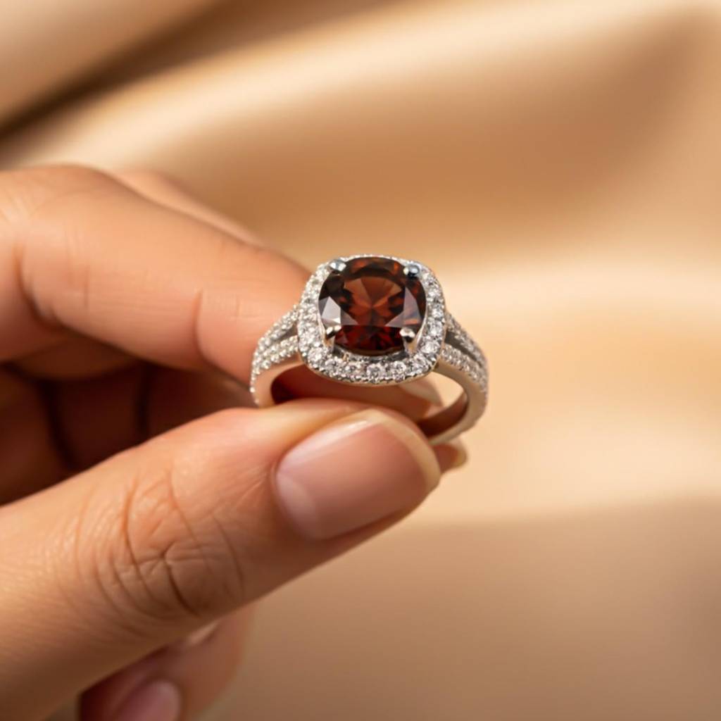 Silver Red Garnet Halo Ring : ZLR-1222-10
