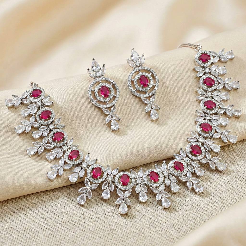 Silver-Tone American Diamond Necklace Set With Earrings For Women – Office, Party & Wedding Wear : 1717-K4SA-2242-R-S