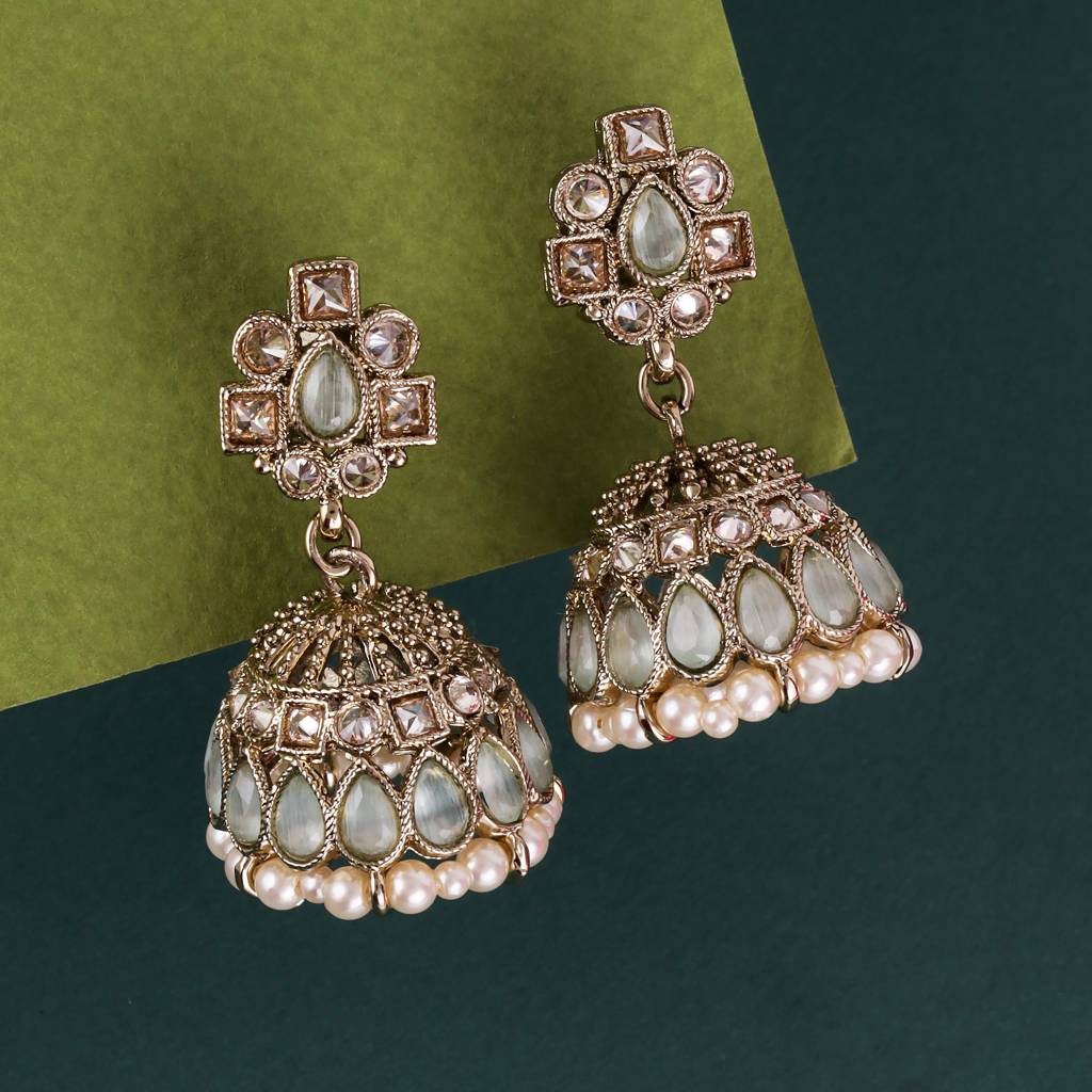 Designer Oval Shape Sky Blue Uncut Kundan Stone Antique Gold Plated Jhumki Earring For Women And Girls : 6JE40_SkyBlue_MD