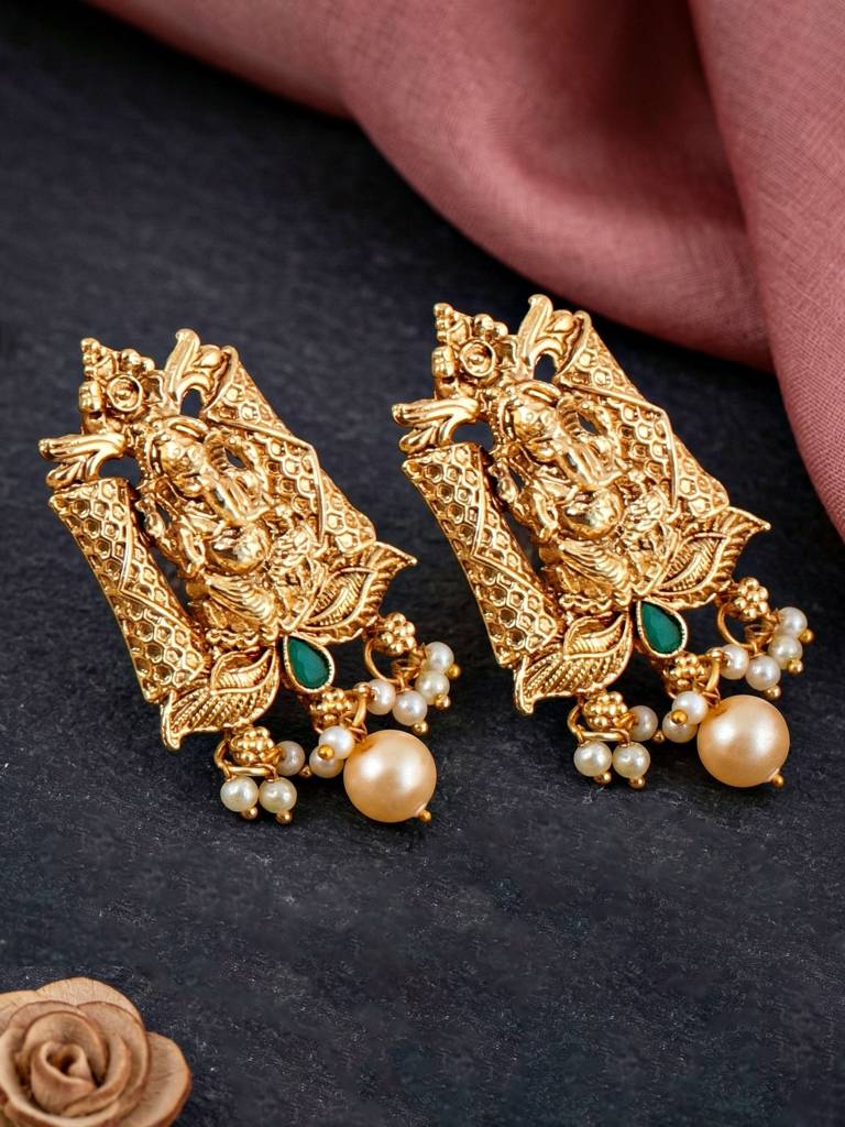 Gold-Plated Temple Jewellery Ganesh Idol Ruby & Green Color Necklace Set With Earrings For Women | Tradition : 660-G2SR-201-RG