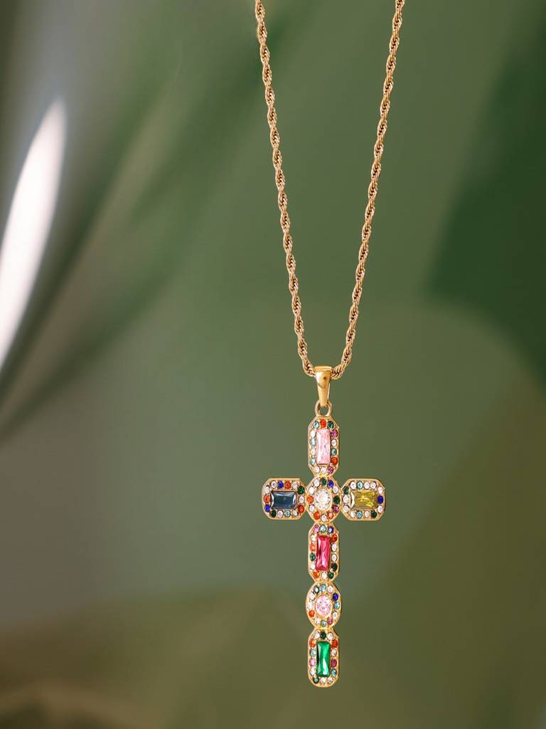 Mens Zircon Cross Pendant Necklace Waterproof Anti-Tarnish 18K Gold Plated : AWX0925P2040MC_M_RE