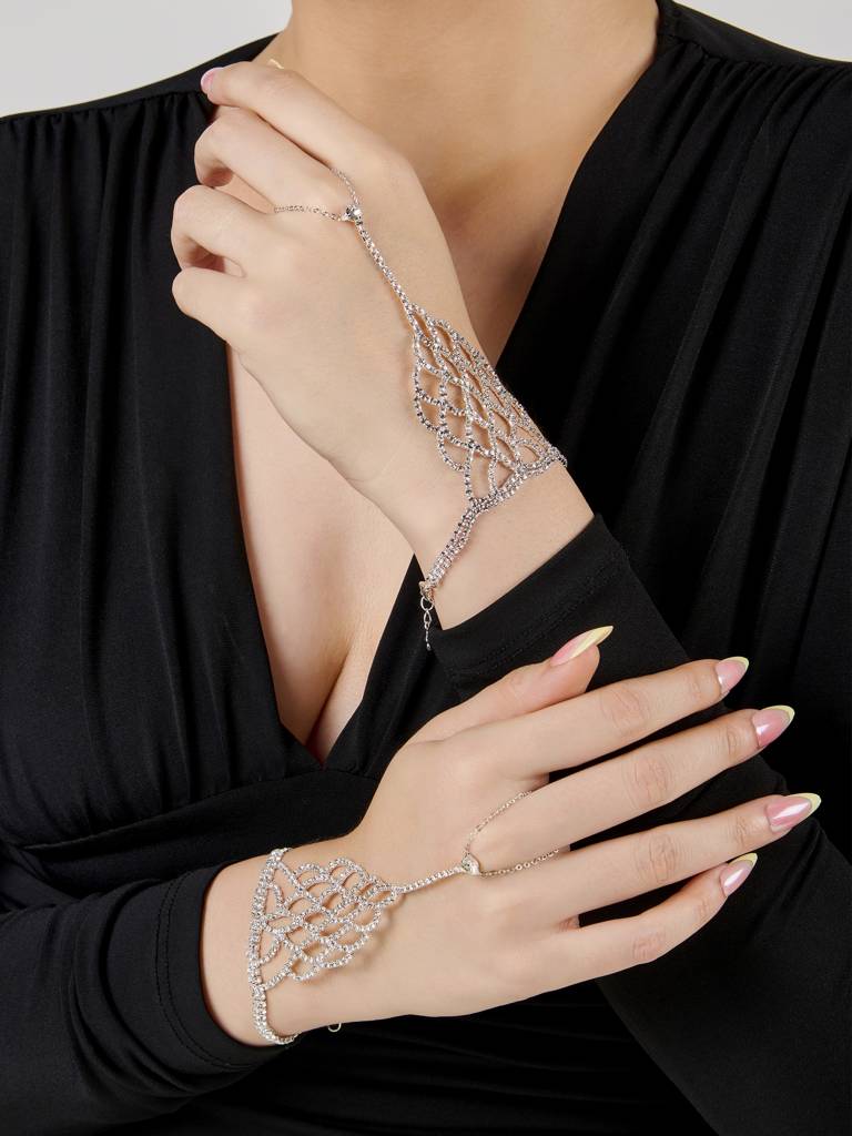 Silver-Plated Crystal Studded Ring Bracelet For Wedding (Single Pc) : AYW0221B005