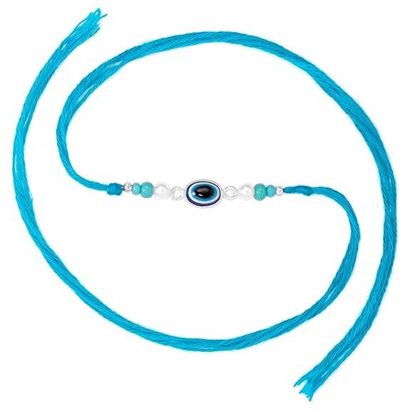 925 Sterling Silver Evil Eye & Pearl Studded Rakhi For Brother Bhaiya | Blue Thread | Raksha Bandhan Hamper With Roli : R18S21