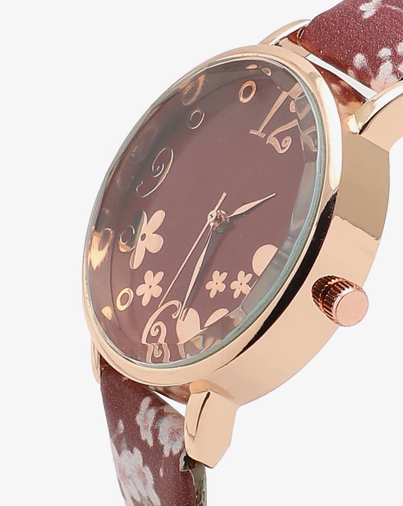 Maroon & Champagne Gold Decorative Analog Round Dial With Brown Floral Printed Leather Strap : HSWC1035