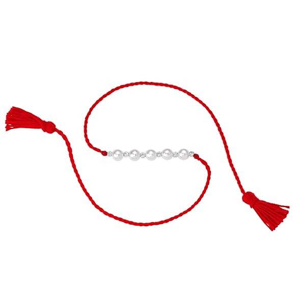 Mens 925 Sterling Silver Pearls Studded Rakhi For Brother Bhaiya|Red Thread|Raksha Bandhan Hamper With Roli Chawal &  : R18S13