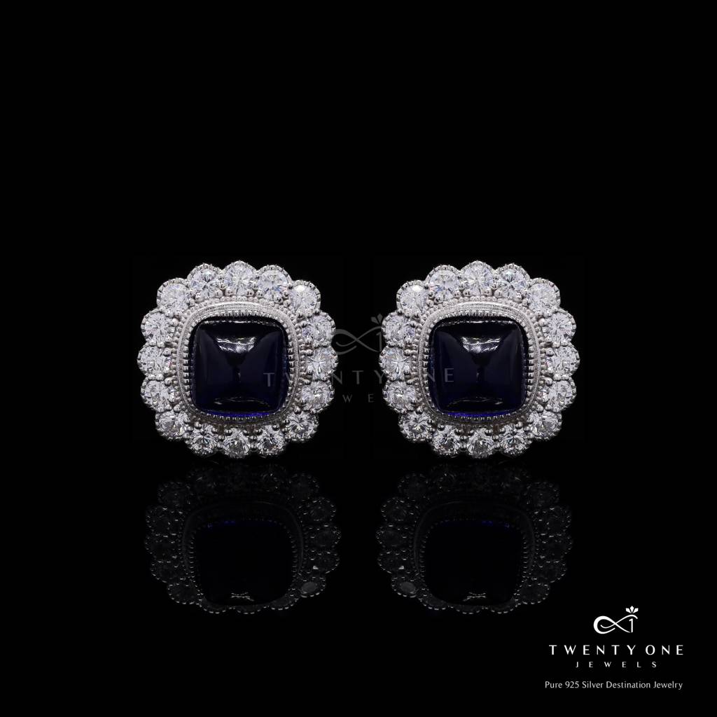 Ultra Premium Blue Sapphire Cabochon Party Stud Earrings With Premium Screw Backs On Pure 925 Silver : TE2333_2