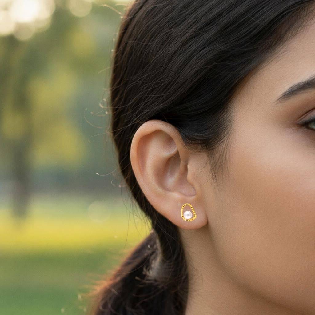 925 Silver Pearl Stud Earrings Gold Finish Abstract Loop : SE_001002