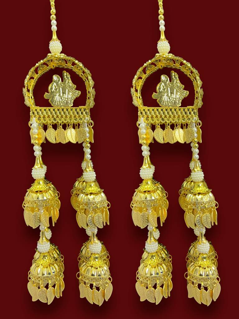 Golden Doli Shaped Bridal Kaleera With Pearl Beads & Leaf Charms | Designer Wedding Kaleere For Bride | 30 Cm Lo : 2512-250-et