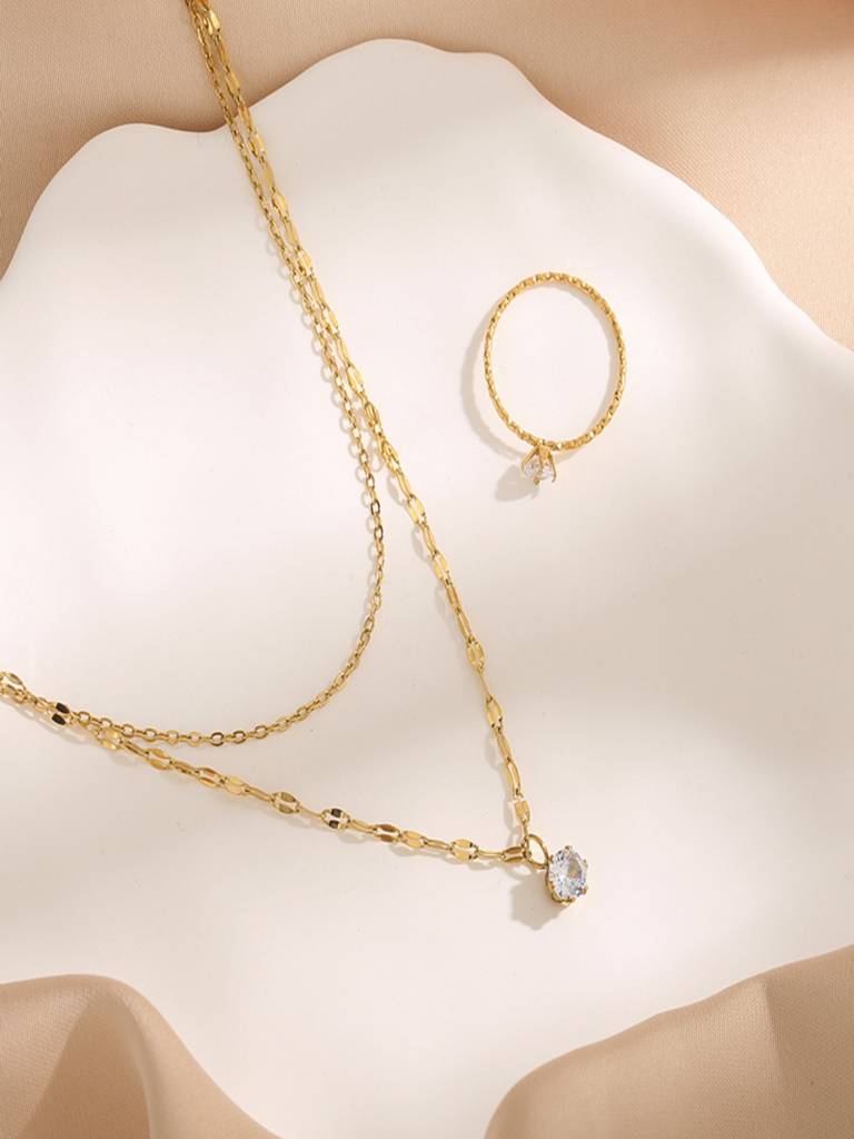 Minimal Zircon Layered Necklace 18K Gold Plated Anti-Tarnish : AHM0126N011