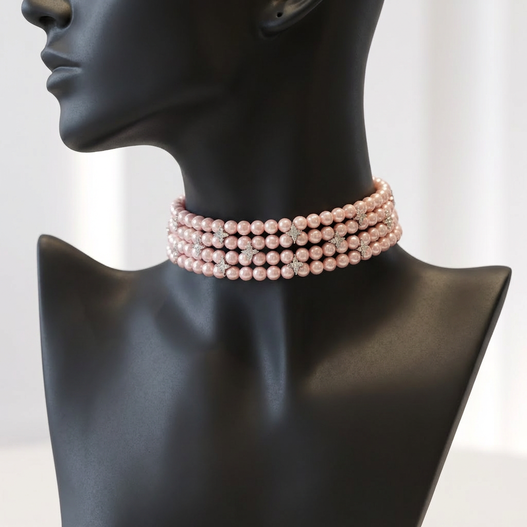 Anti Tarnish Pink Pearl Layered Choker Necklace Set With Earrings For Women | Pink Pearl Wedding, Party Wear & Fest : 500055_2