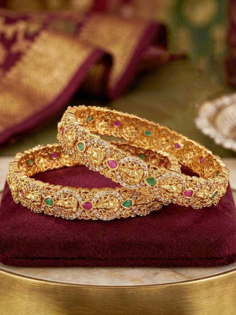 Gold Plated Laxmi Ji Idol Temple Ad Bangle For Women With Pink & Green Stones | Heavy Bridal Wedding Fes : 1174-C1BG-2215-2-24