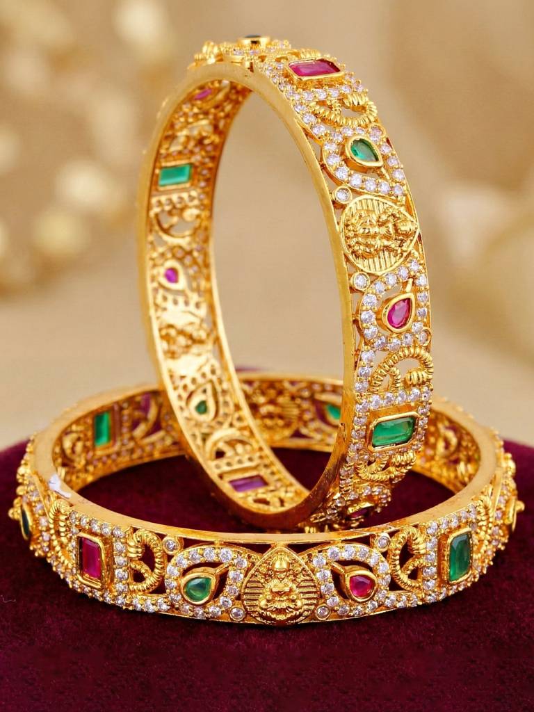 Gold Plated Laxmi Ji Idol Ad Stone Bangle For Women With Pink & Green Stones | Traditional Temple Weddin : 1599-C1BG-2225-2-24