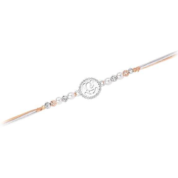 925 Sterling Silver Ganesha & Beads Studded Rakhi For Brother Bhaiya Cream & Grey Thread Raksha Bandhan Hamper With R : R18S03