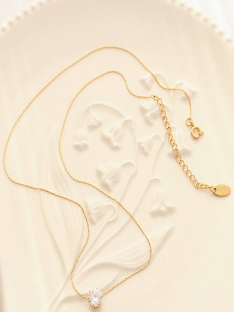 Minimal Single Zircon Thin Chain Necklace 18K Plated Anti-Tarnish : AHM0126N713G