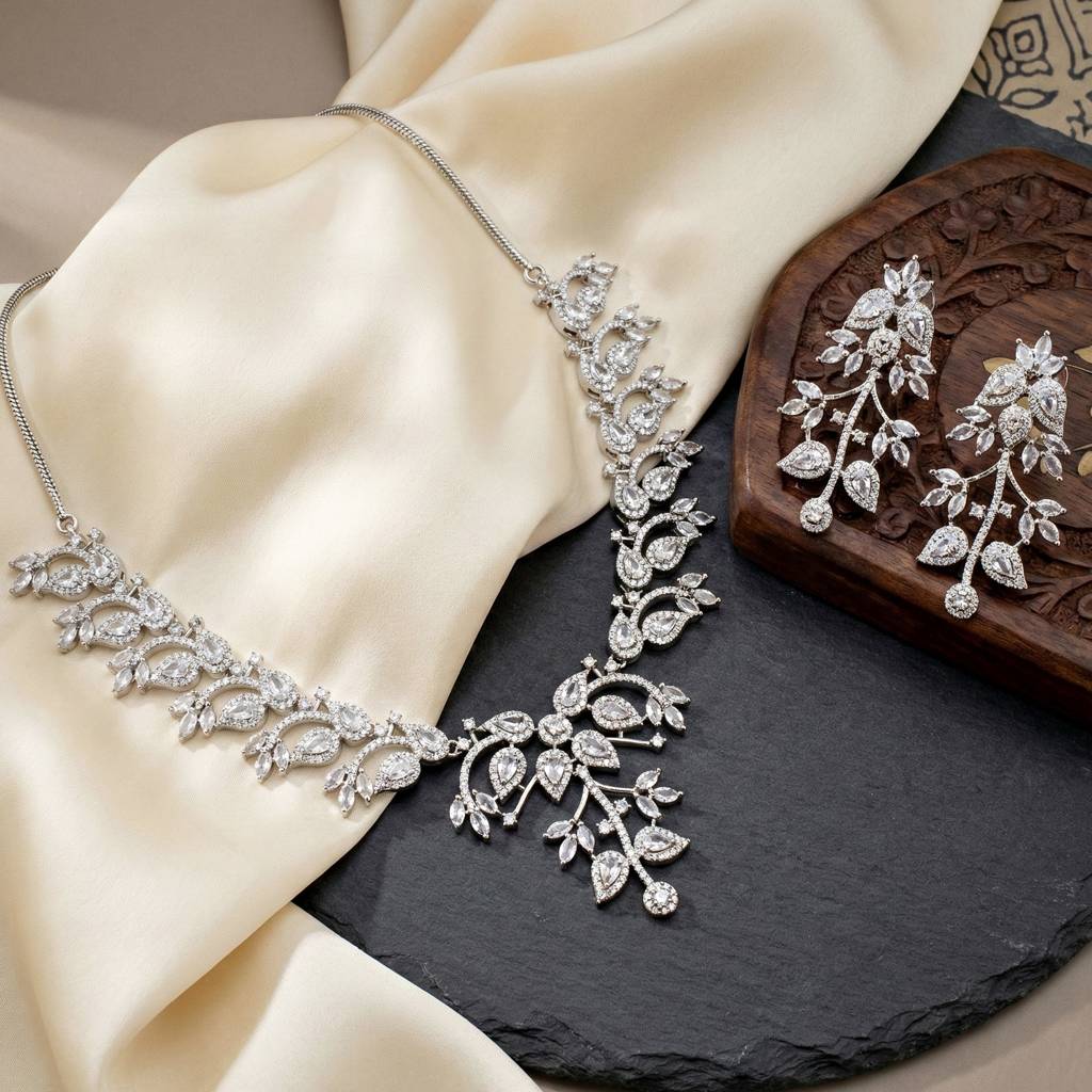 Silver-Tone American Diamond Necklace Set With Earrings For Women – Office, Party & Wedding Wear : 1948-K4SA-2241-W-S