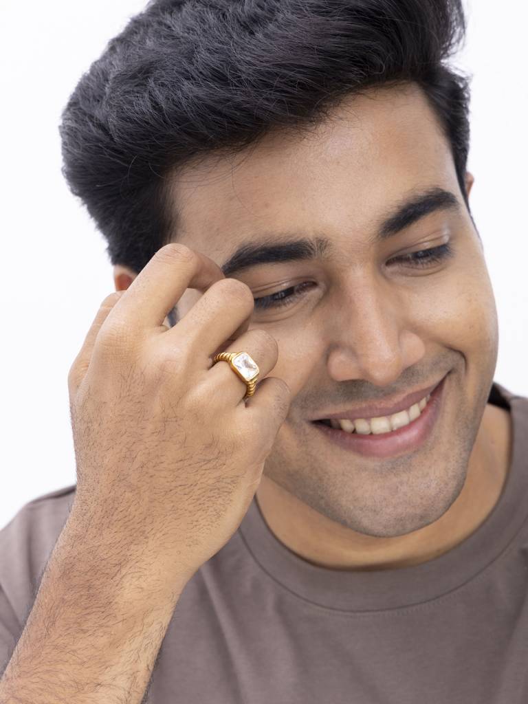 Mens White Zircon Statement Ring Anti-Tarnish Waterproof 18K Gold Plated : AWX0925R1463WH7_M