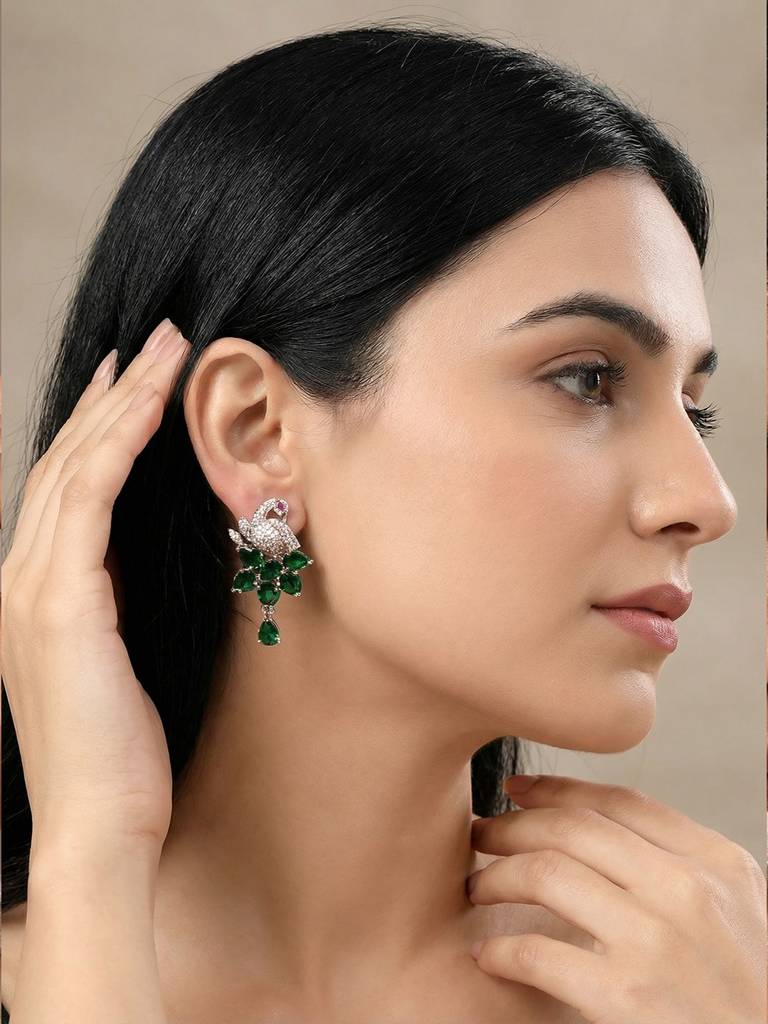Silver Plated Emerald Green Ad Peacock Statement Earrings : SJER2985