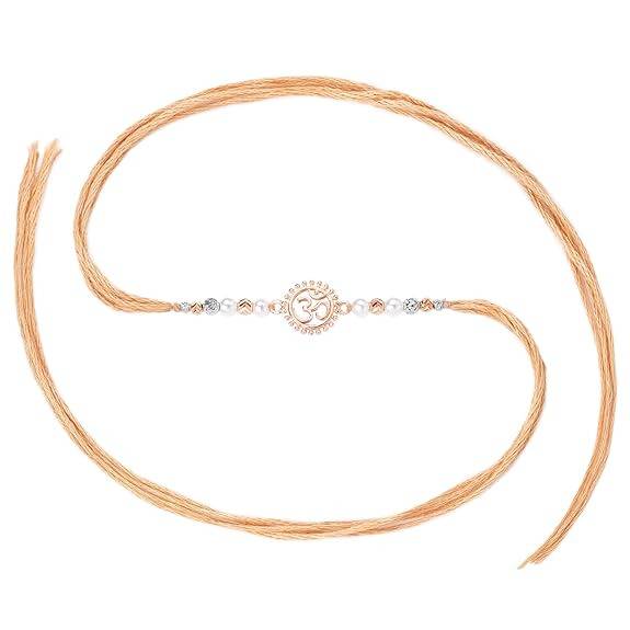 925 Sterling Silver Om & Beads Rose Gold Plated Rakhi For Brother Bhaiya Cream Thread Raksha Bandhan Hamper With Rol : R18S01C