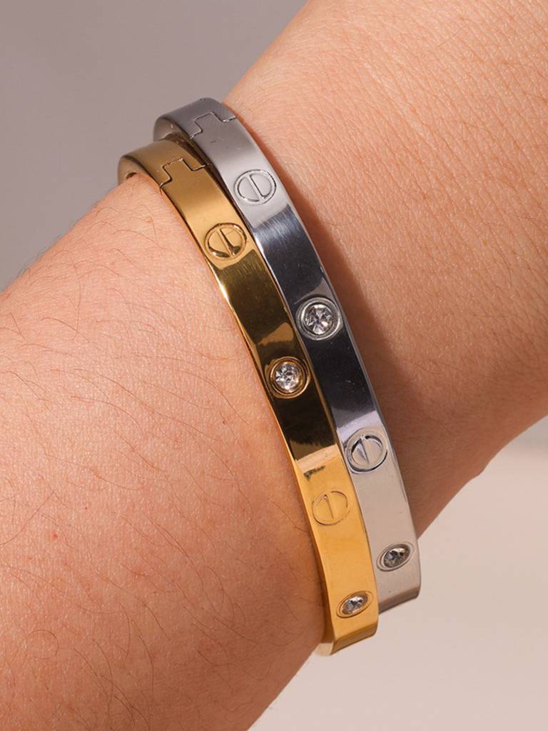 18K Plated Waterproof Anti-Tarnish Screw & Zircon Openable Bangle Bracelet : AHC0925B235S_RE