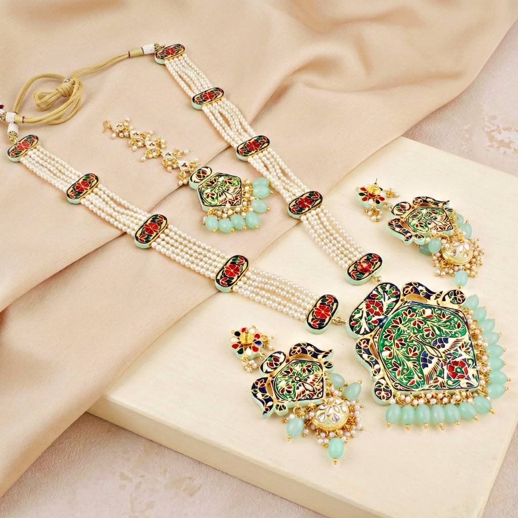 Traditional Turquoise Long Necklace Set For Women |Gold Plated Meenakari Bridal Jewellery Set With Earrin : 2970-J5SK-2300-MNT