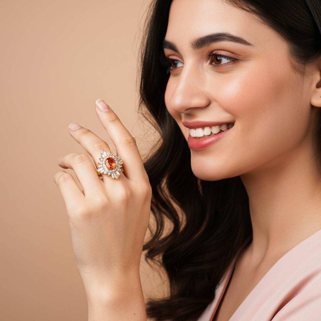 Silver Red Ruby Sunburst Halo Ring : ZLR-1214-10