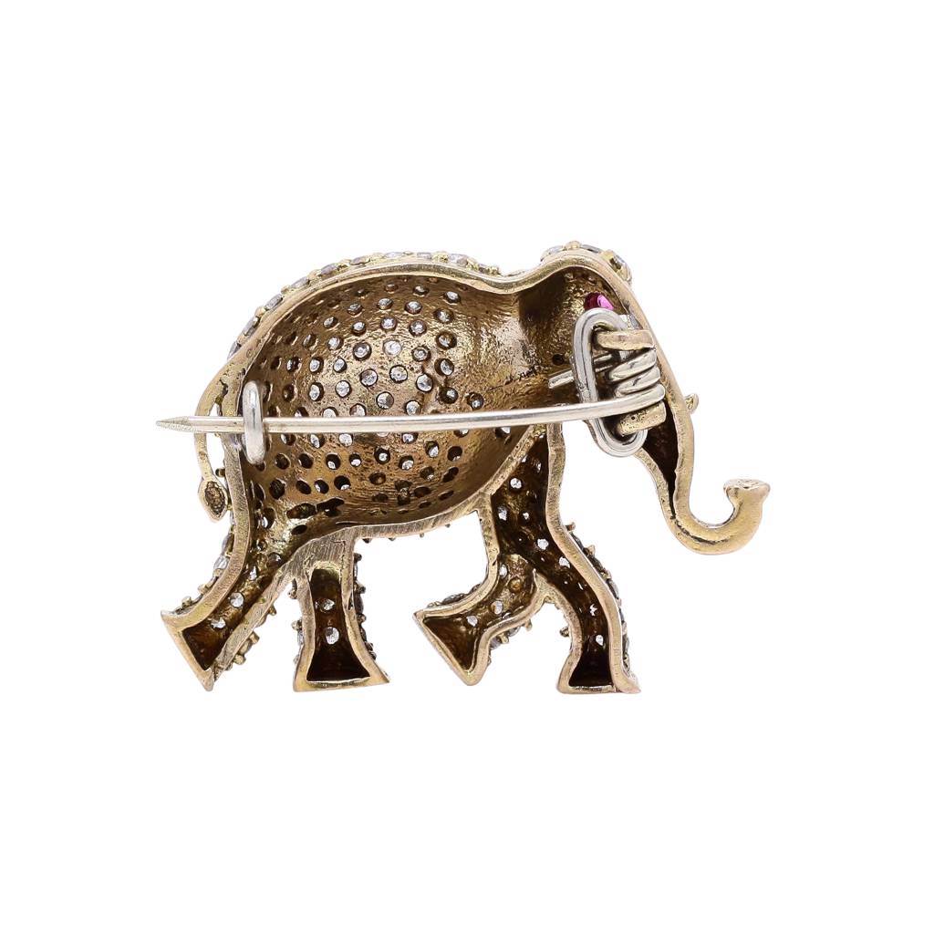 Antique Gold Finish Diamond Studded Elephant Unisex Brooch With Ruby Detailing : 900010