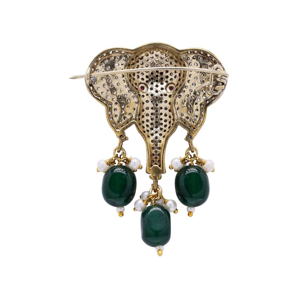 Antique Gold Finish Lord Ganesha Unisex Brooch For Men And Women With Emerald Drops : 900004
