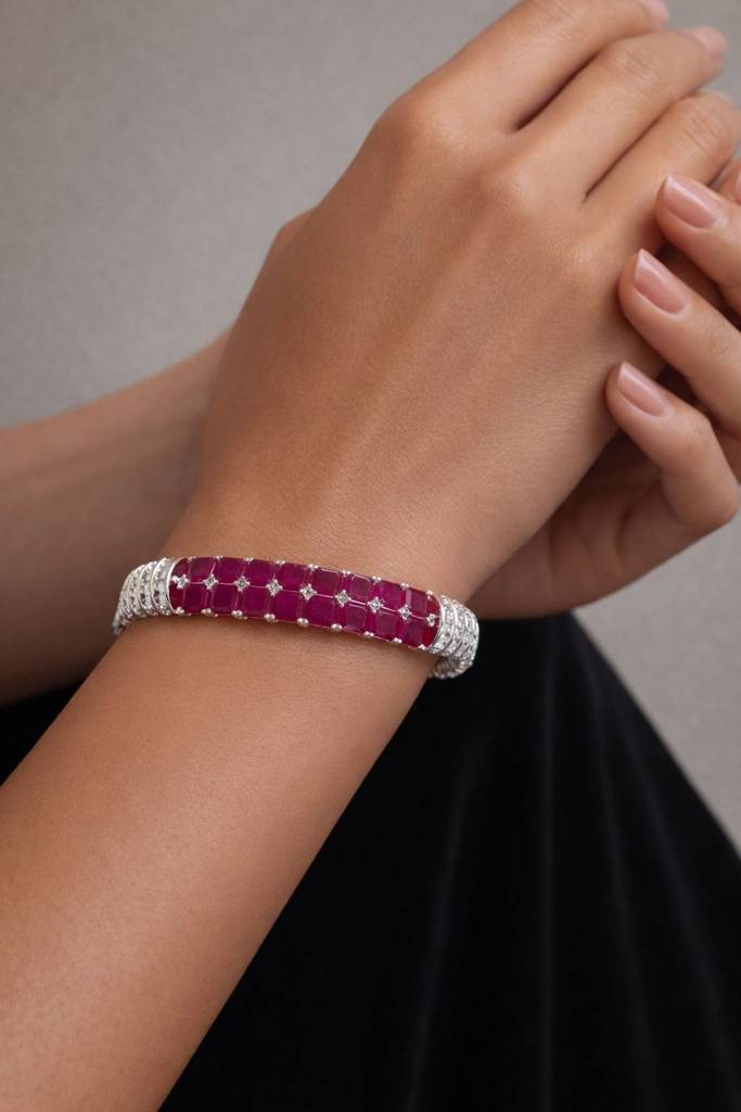 Premium Ruby And American Diamond Baguette Openable Kada Bracelet : 400051