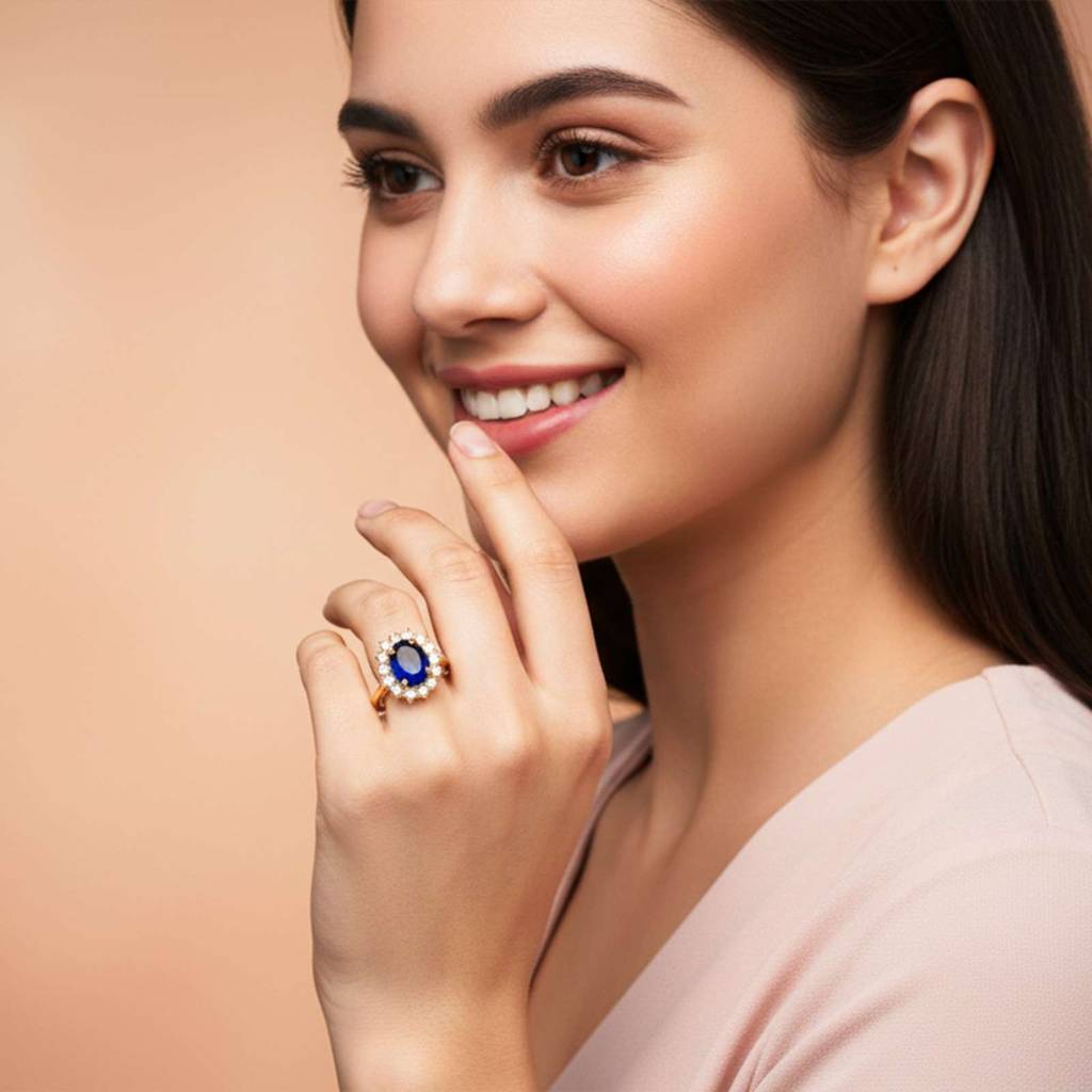 Silver Sapphire Halo Ring For Women : ZLR-1216-10