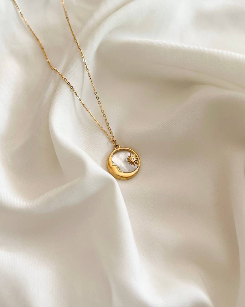 18K Gold Plated Moon And Star Necklace With Mother Of Pearl, Sarah : N37