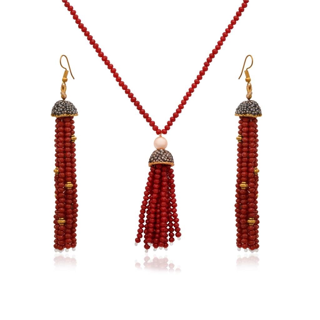 Red Beaded Tassel Necklace : RJ-PND-15