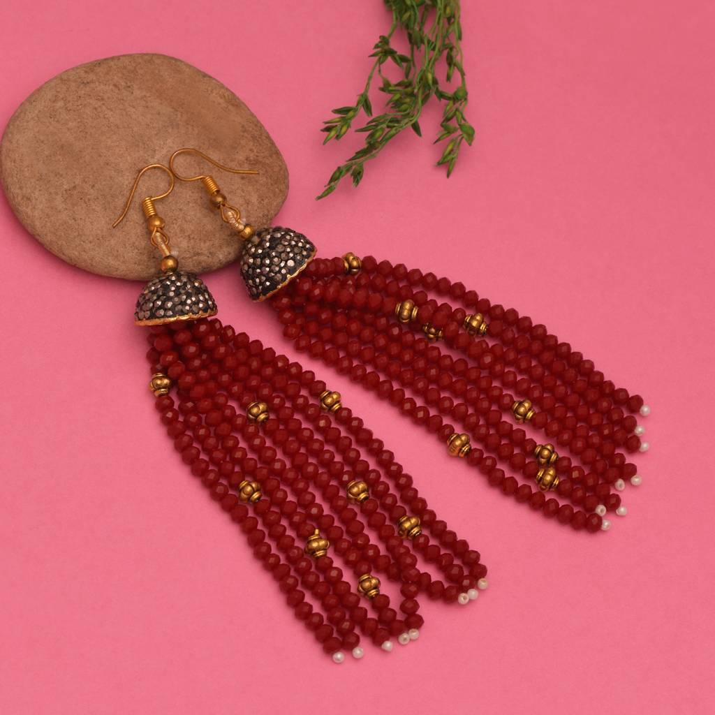 Red Beaded Tassel Necklace : RJ-PND-15