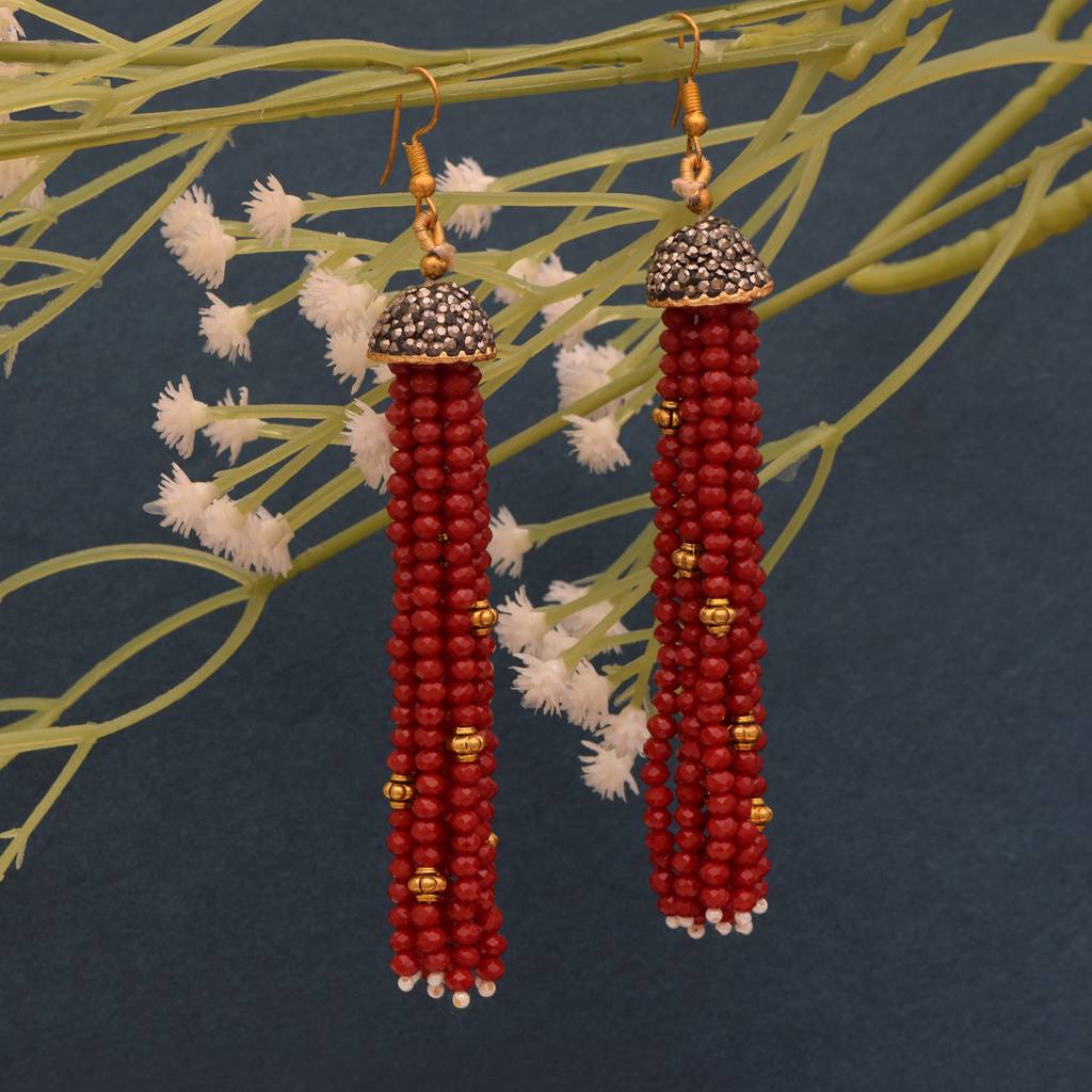 Red Beaded Tassel Necklace : RJ-PND-15