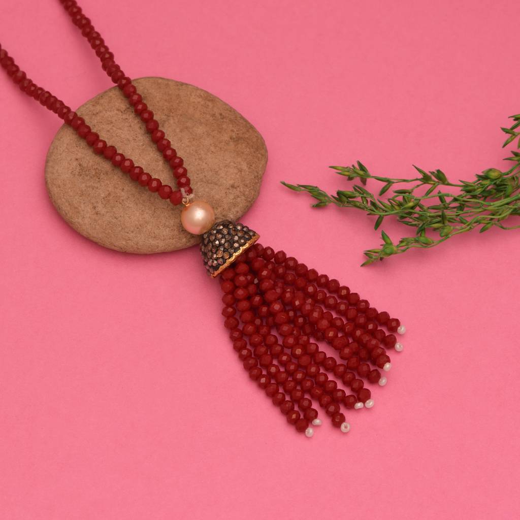 Red Beaded Tassel Necklace : RJ-PND-15