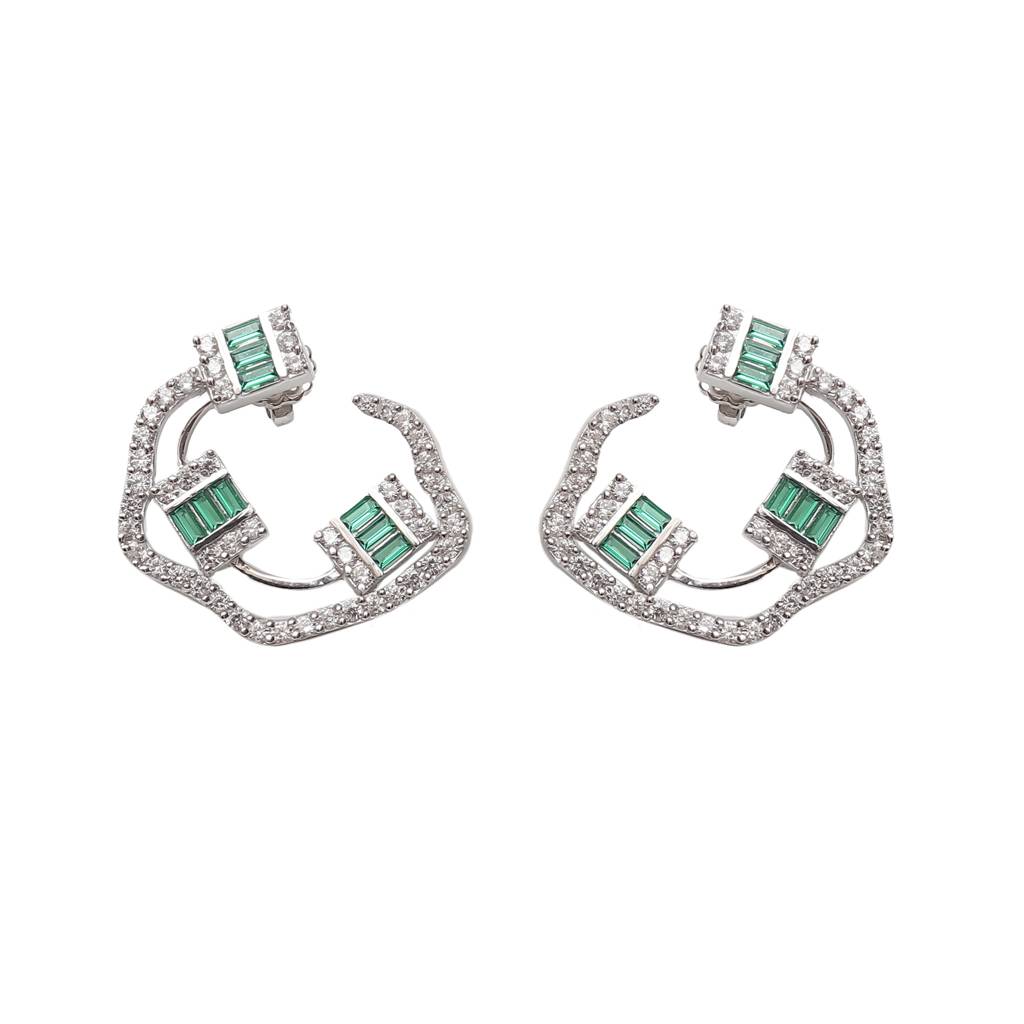 Baguette Emerald And Diamond Silver Earrings : E001