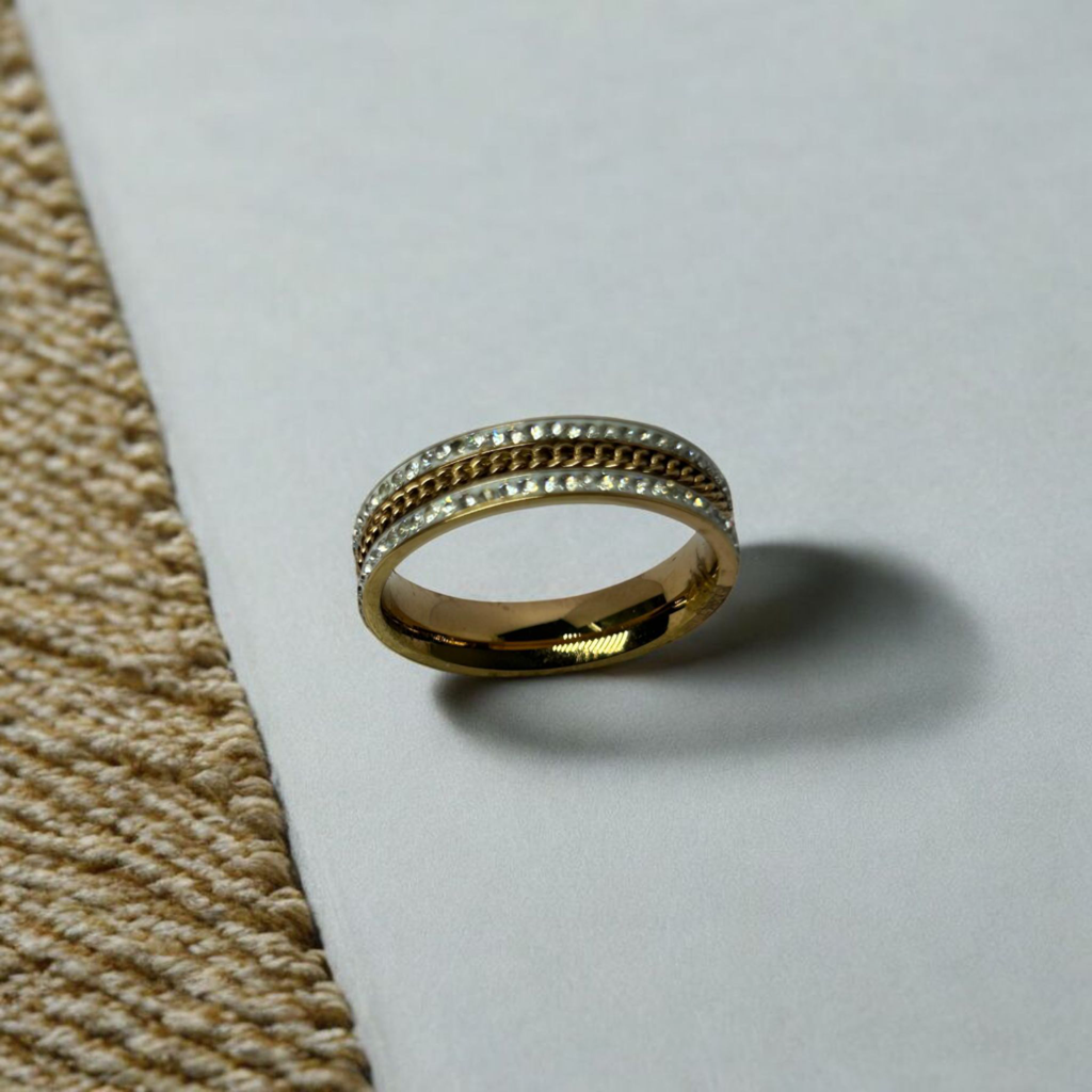 Two-Tone Crystal Band Ring For Women | Gold & Silver Plated Chain Design Ring | Elegant Minimal Wedding & Daily : AST-RIN-0079