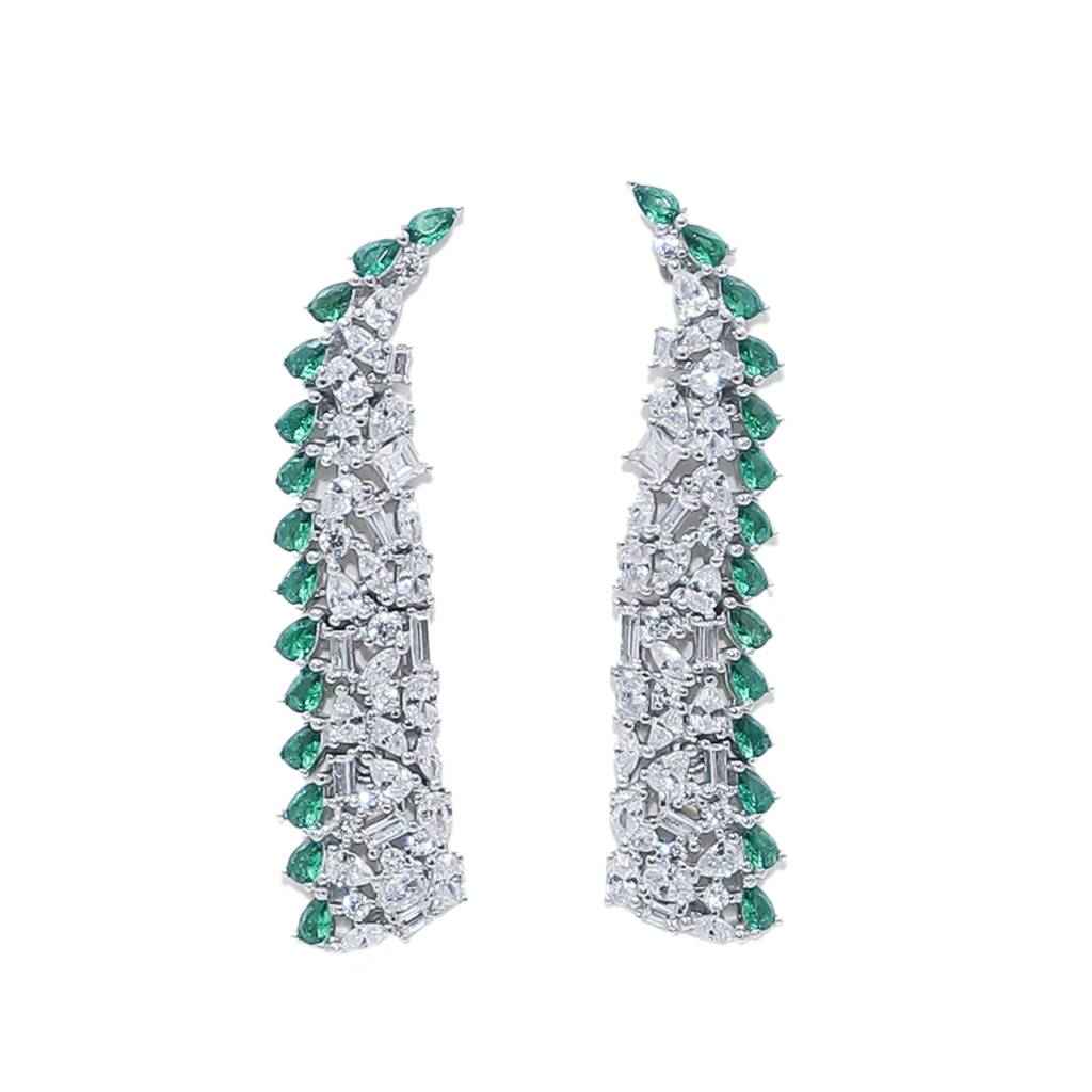 Sparkling Emerald And Diamond Silver Earrings : E037