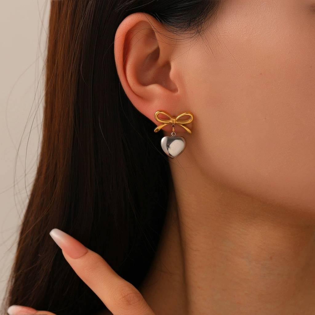18K Gold & Silver Plated Waterproof Anti-Tarnish Bow And Heart Drops : ASG0125E423GS