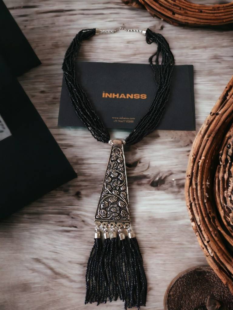 Day-To-Dinner Tie Shaped Oxidized Black Metal Multi-Layered Long Necklace : BDE-BLK-TYLG-ONN-216