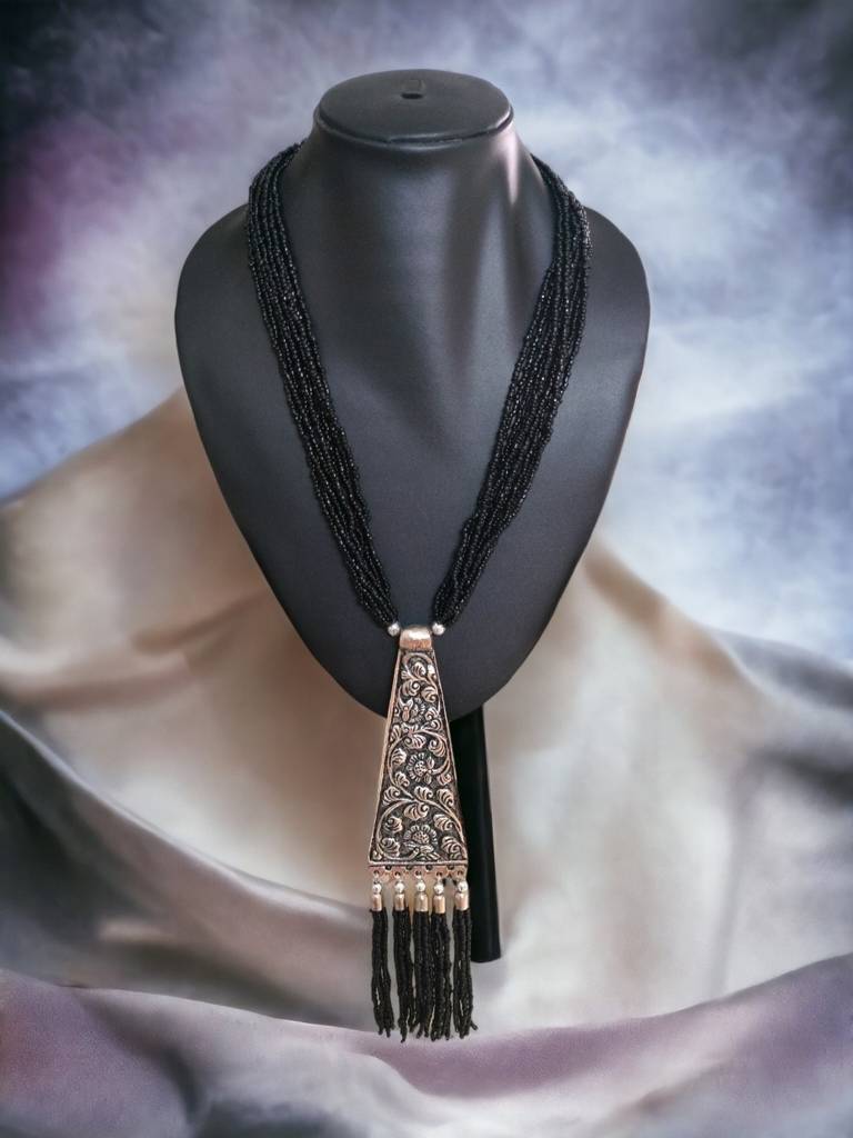 Day-To-Dinner Tie Shaped Oxidized Black Metal Multi-Layered Long Necklace : BDE-BLK-TYLG-ONN-216