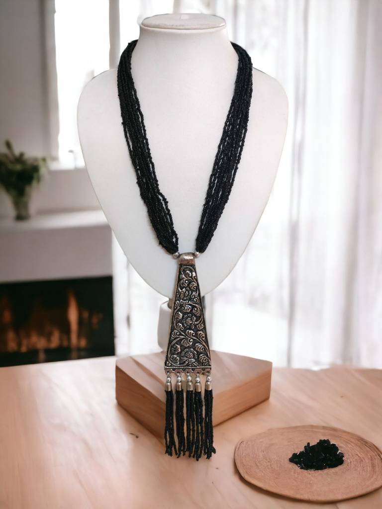 Day-To-Dinner Tie Shaped Oxidized Black Metal Multi-Layered Long Necklace : BDE-BLK-TYLG-ONN-216