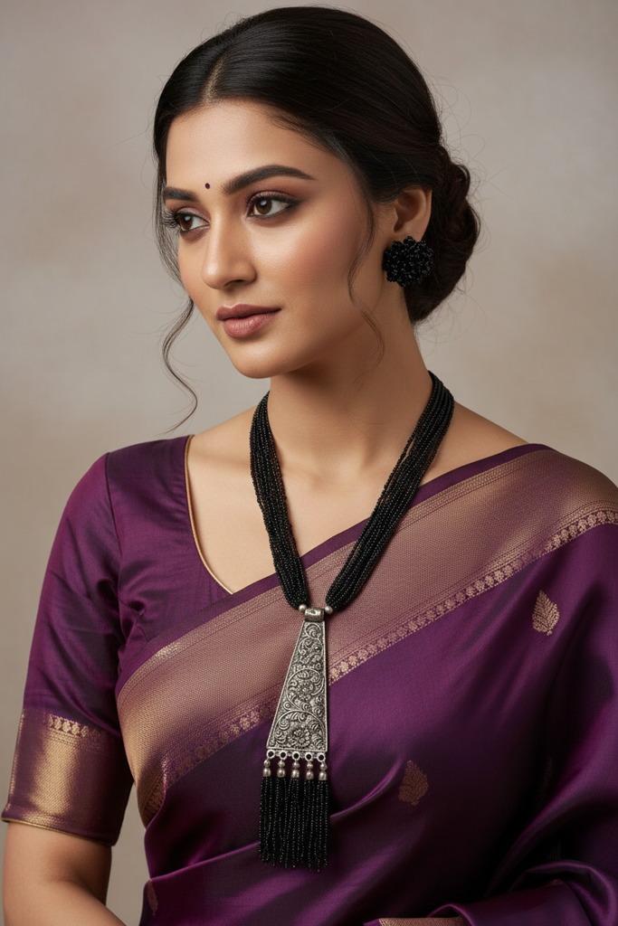 Day-To-Dinner Tie Shaped Oxidized Black Metal Multi-Layered Long Necklace Set : BDE-BLK-TYLG-NWE-024