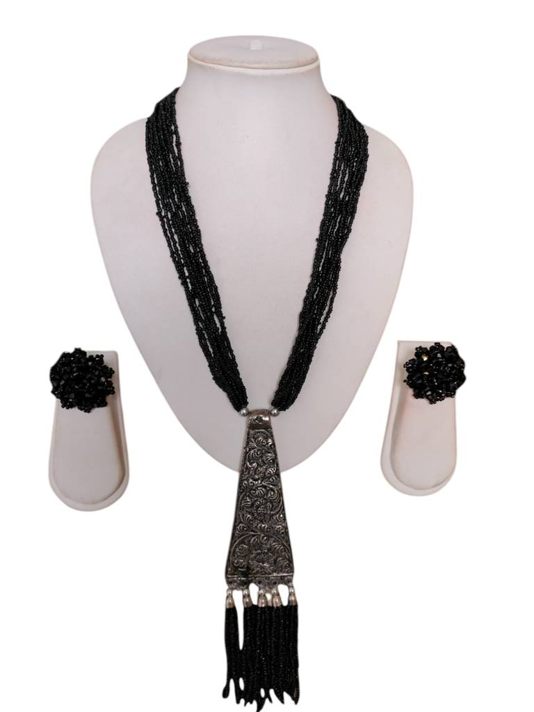 Day-To-Dinner Tie Shaped Oxidized Black Metal Multi-Layered Long Necklace Set : BDE-BLK-TYLG-NWE-024