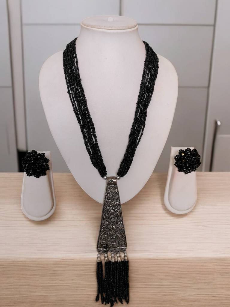 Day-To-Dinner Tie Shaped Oxidized Black Metal Multi-Layered Long Necklace Set : BDE-BLK-TYLG-NWE-024