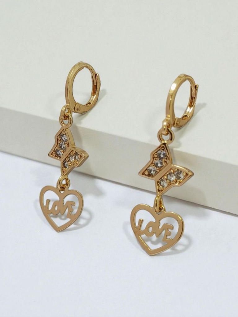 Gold Plated Butterfly Heart Drop Earrings For Women | Love Charm Design With Crystal Accents | Cute Party Wear  : AST-EAR-0044
